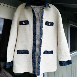 Sandro Cream and Navy Contrast Trim Bouclé Jacket